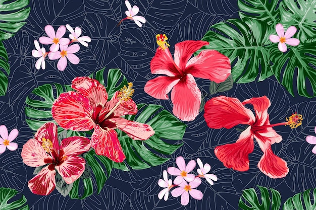 Seamless pattern floral with Hibiscus and frangipani flowers abstract background