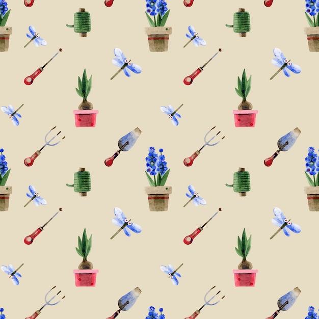 Seamless pattern of flower pots garden tools dragonflies Handdrawn watercolor illustrations on a beige background Ideal for textiles packaging wallpaper fabrics prints stores and websites