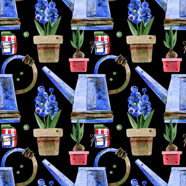 A seamless pattern of flower pots with tulips and hyacinths a pack of seeds and a metal watering can Handdrawn watercolor illustrations on a black background For flower market fabric packaging