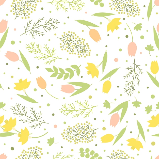 Seamless pattern. Flower spring background. Green branches and leaves, narcissus, mimosa and tulips on a white background, vector illustration.