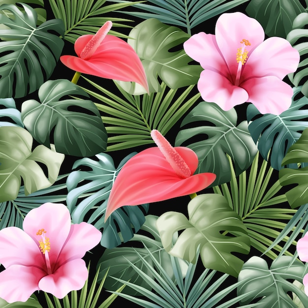 Seamless pattern flower and tropical leaves