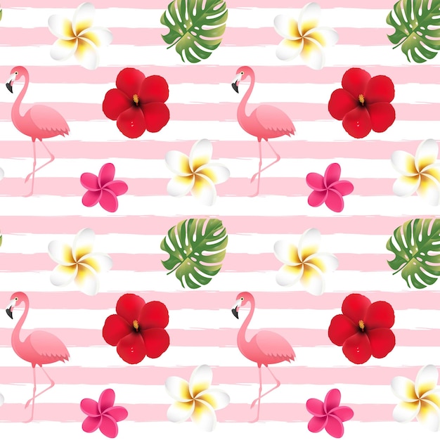 Seamless Pattern And Flowers And Flamingo