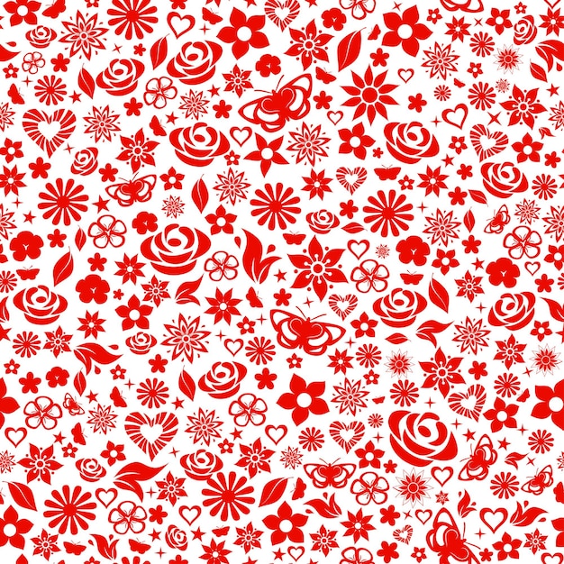 Seamless pattern of flowers, leafs, stars, butterflies and hearts. Red on white.