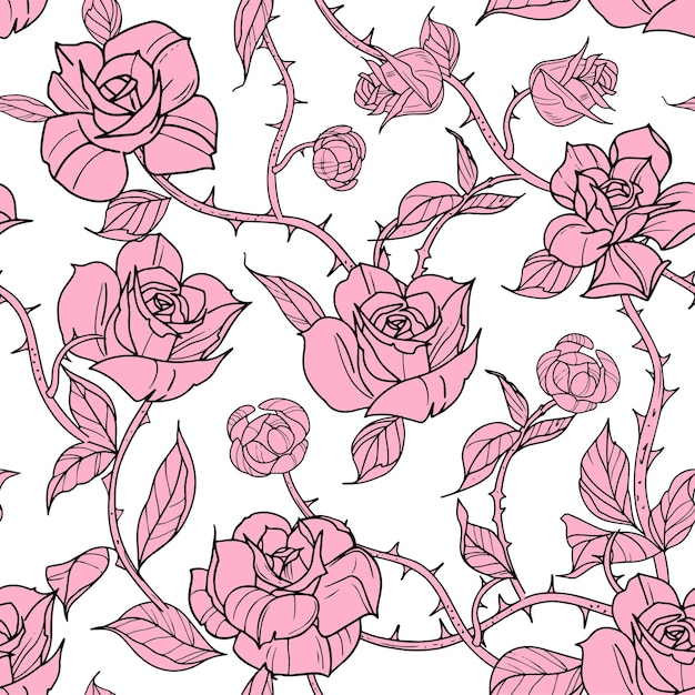 Seamless pattern flowers roses and branches vector illustration