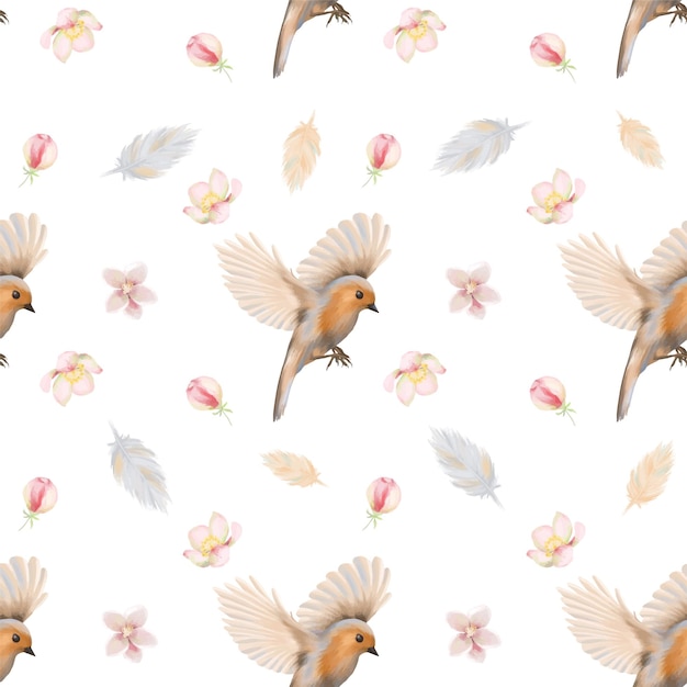 Seamless pattern of flying birds feathers and apple tree flowers