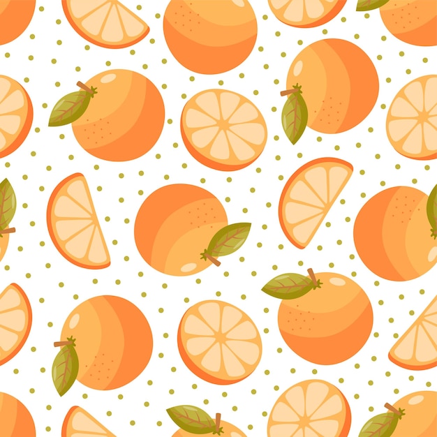 Seamless pattern of fresh orange on a white background with dots