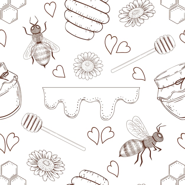 Seamless pattern from hand drawn elements. Honey, bees, flowers. Endless monochrome texture. Vector illustration.