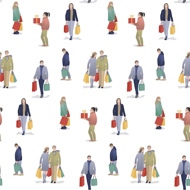 Seamless pattern from people with bags after shopping