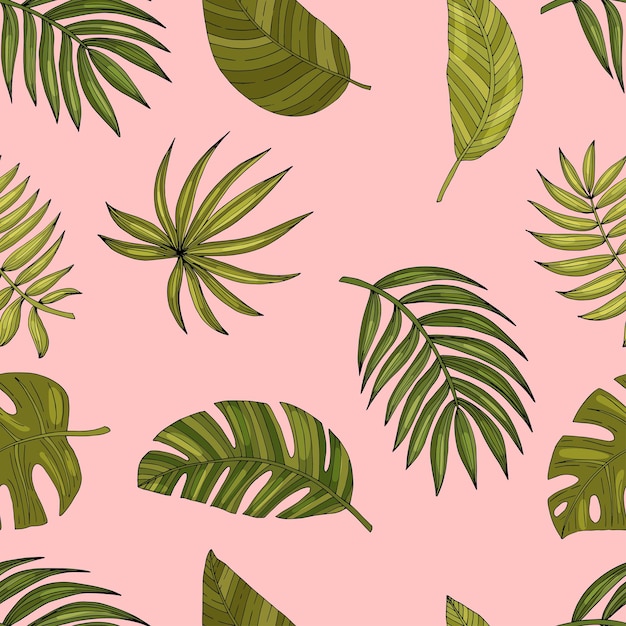 Seamless pattern from a set of tropical or forest leaves with many shades of green on a pink