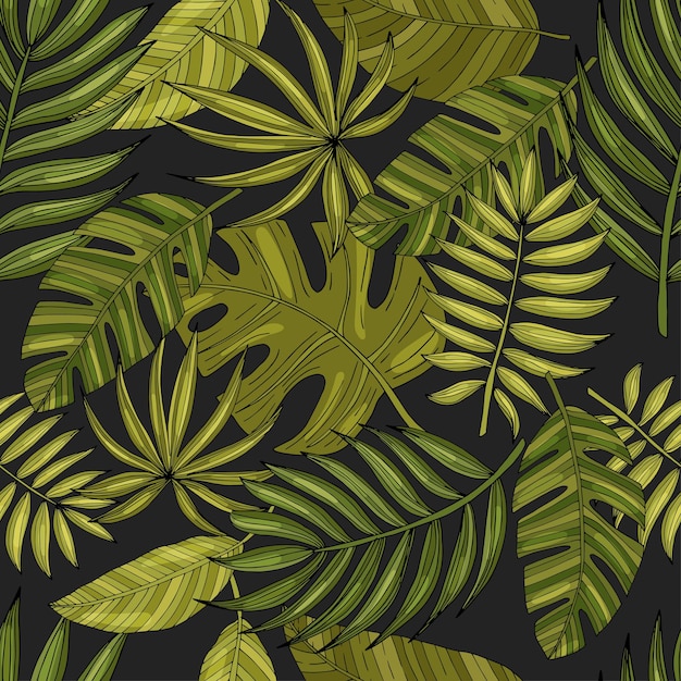 Seamless pattern from a set of tropical or forest leaves with many shades of green