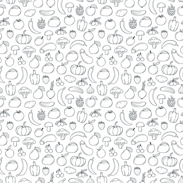 Seamless pattern fruits vegetables in doodle style monochrome pattern