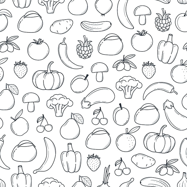 Seamless pattern fruits vegetables in doodle style monochrome pattern