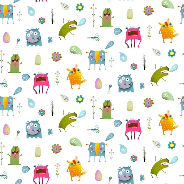 Seamless pattern Fun Cute Cartoon Monsters