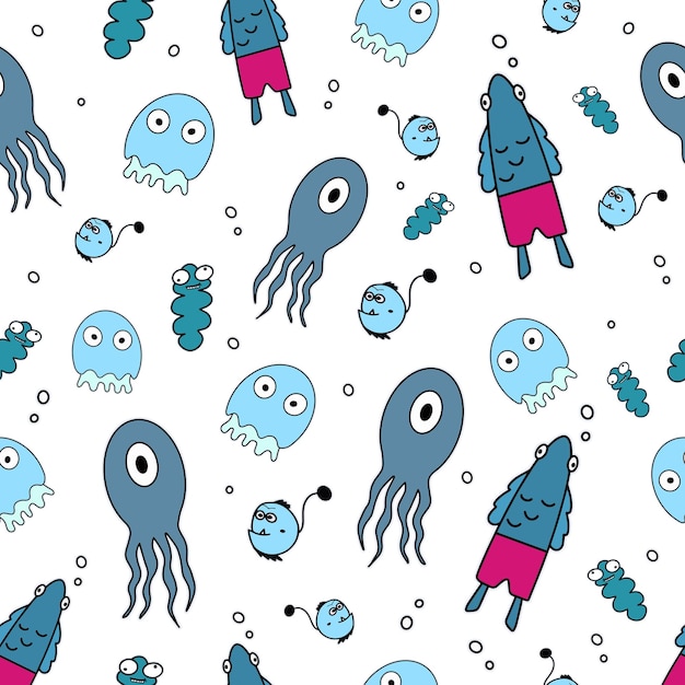 Seamless pattern Funny sea creatures. Fish in pink panties. Medusa with a funny look. One eyed Octopus. Good for backgrounds, postcards, and brown paper. Vector.