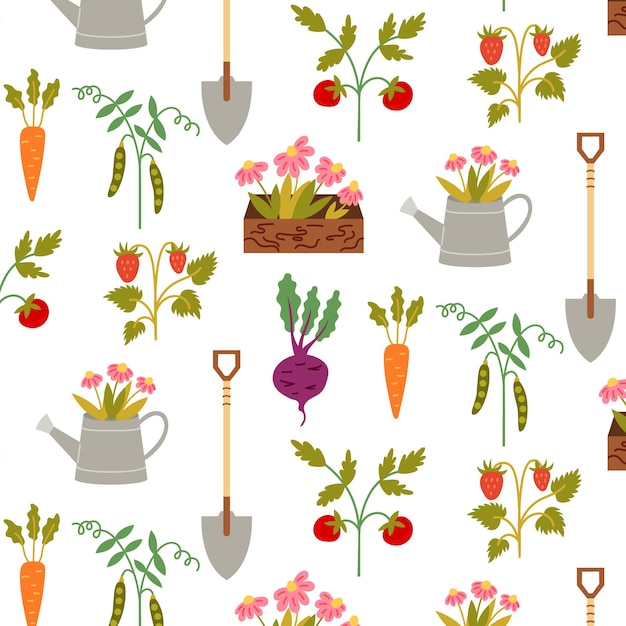 Seamless Pattern Garden Tools Harvest. Repetitive background with a rustic motif. Vector hand draw paper, nursery design wallpaper