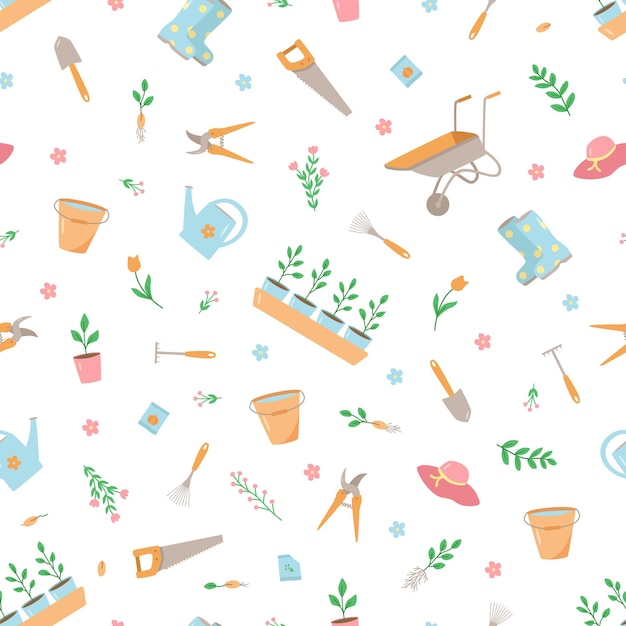 Seamless pattern Garden tools and plants a set of vector doodle illustrations Concept gardening a summer hobby