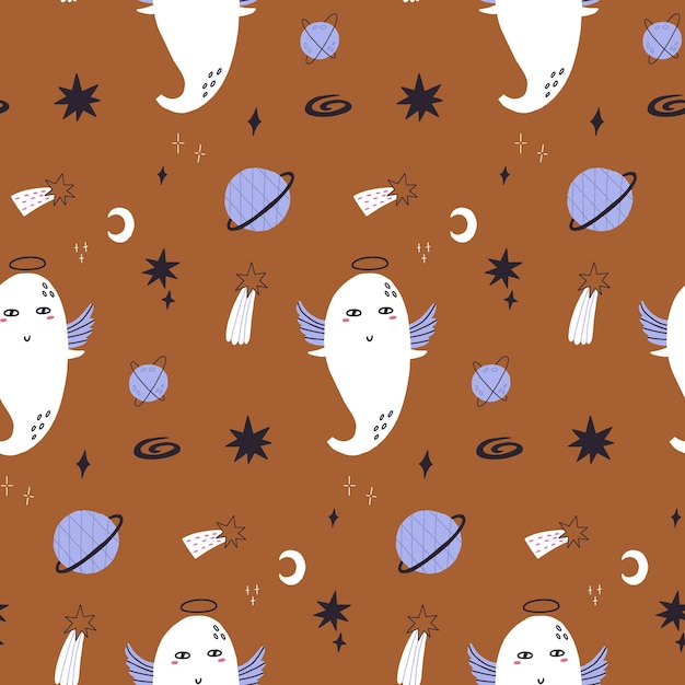 Seamless pattern ghost with space elements in hand drawn style Halloween background