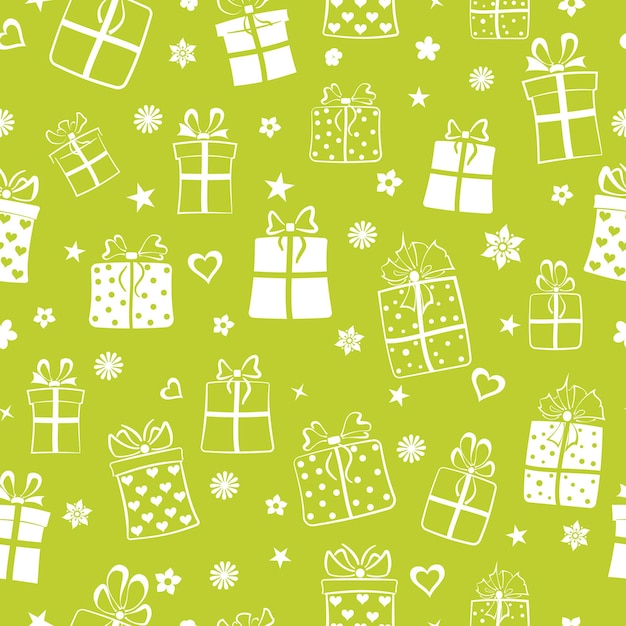 Seamless pattern of gift boxes flowers and hearts white on green