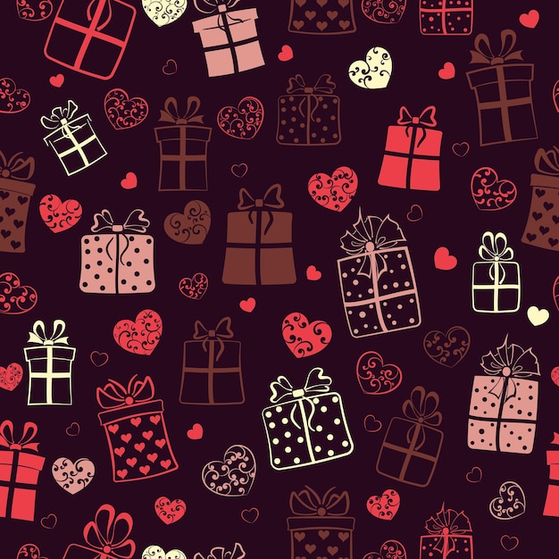 Seamless pattern of gift boxes and hearts with curls multicolored on black