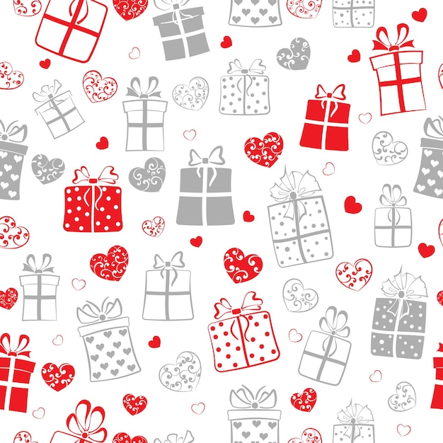 Seamless pattern of gift boxes and hearts with curls red and gray on white