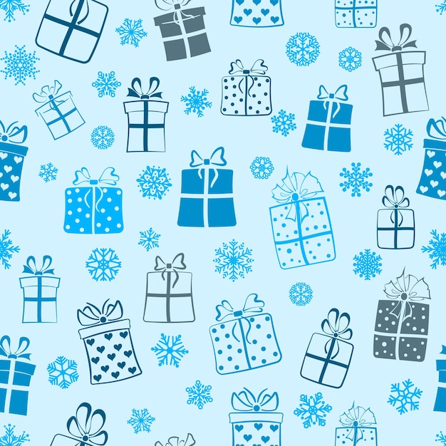 Seamless pattern of gift boxes and snowflakes blue on light blue