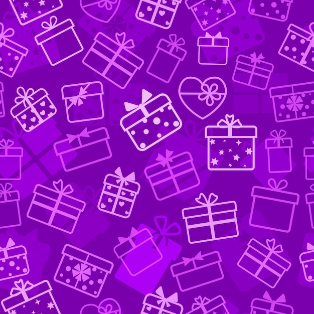 Seamless pattern of gift boxes, white on violet