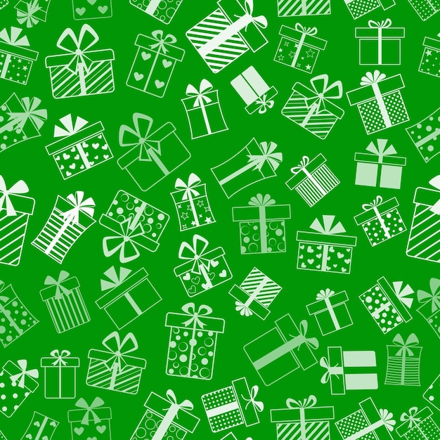 Seamless pattern of gift boxes with bows and different patterns white on green background