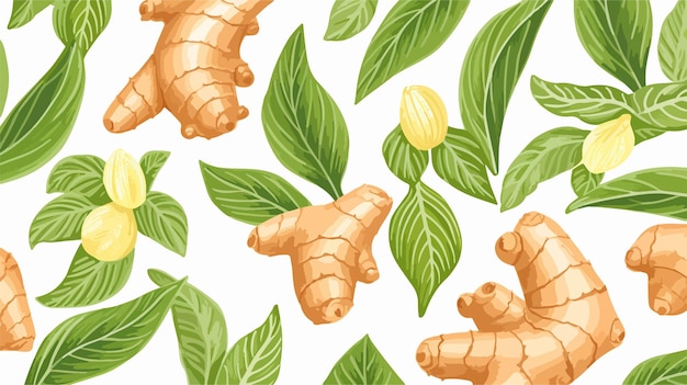 Vector a seamless pattern of ginger with green leaves and ginger