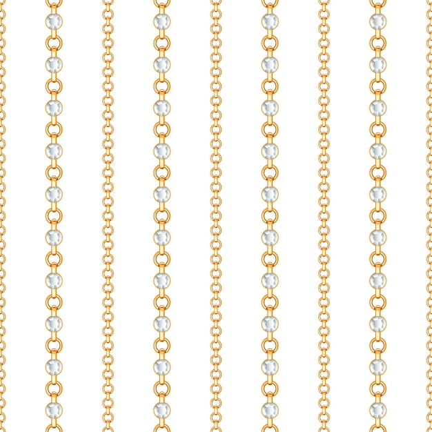 Seamless pattern of Gold chain and crystals on a white background