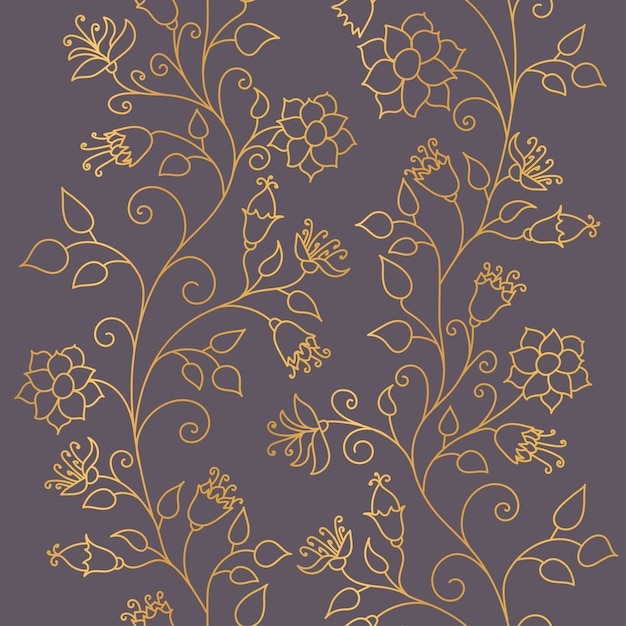 Seamless pattern. Gold floral ornament on a dark background. Fashionable textures of Golden luster.