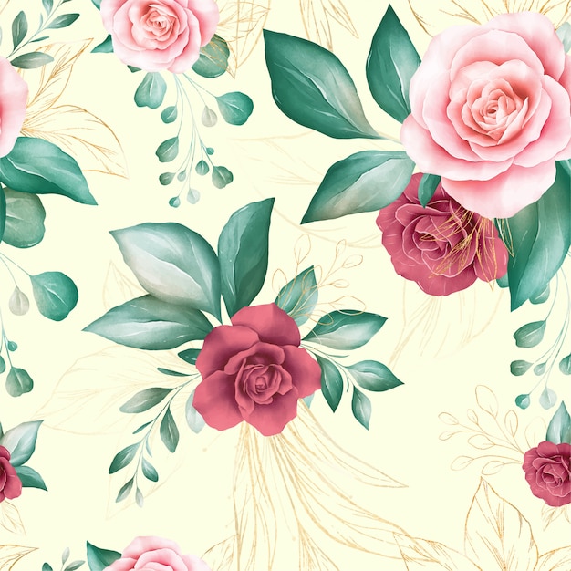 Seamless pattern of gold watercolor flowers arrangements with geometric glitter