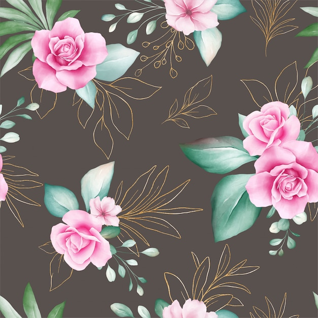 Seamless pattern of gold watercolor flowers arrangements