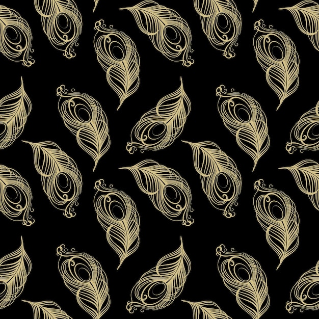 Seamless pattern, golden peacock feathers on a black background. Print, textile, background, vector