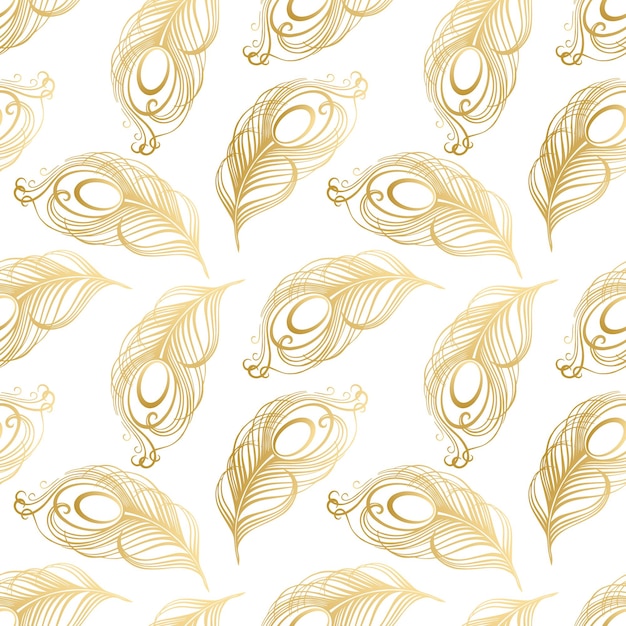 Seamless pattern, golden peacock feathers on a white background. Print, textile, vector