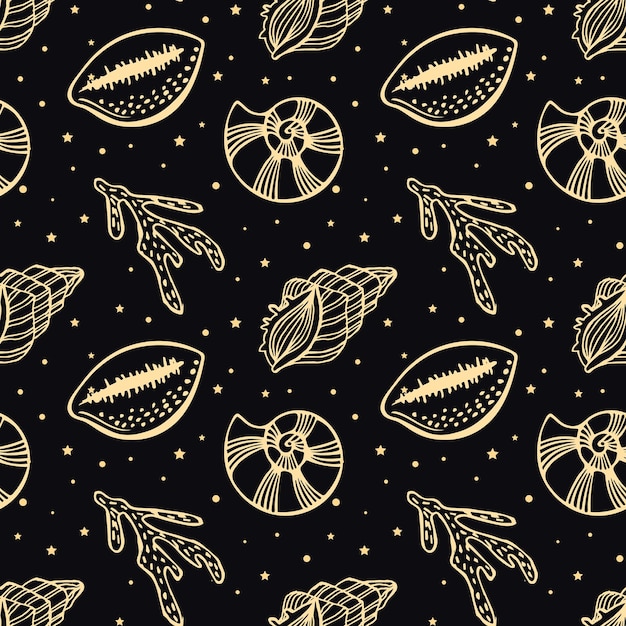 Seamless pattern of golden sea shells and seahorses on a black background with stars Mystical