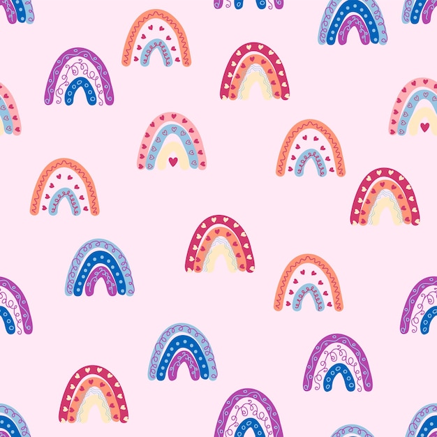 Seamless pattern graceful rainbows in boho colors Scandinavian baby hand style for newborns