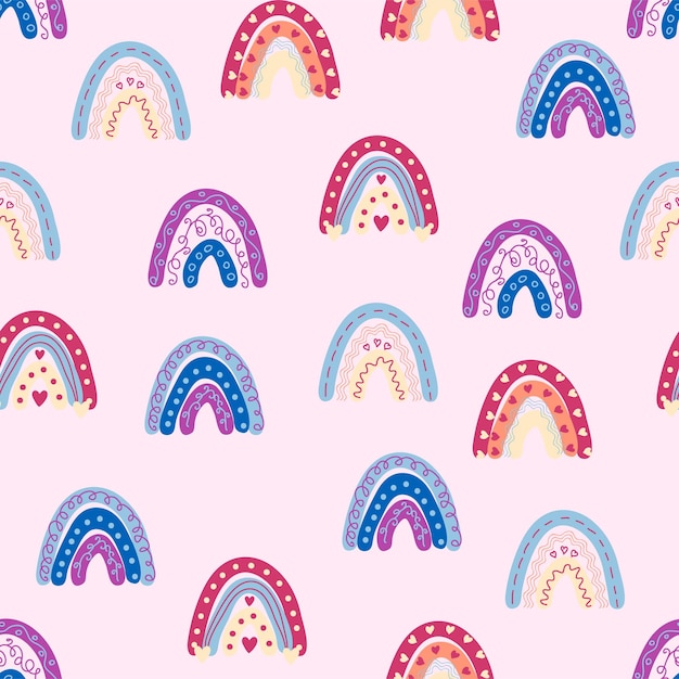 Seamless pattern graceful rainbows in boho colors Scandinavian baby hand style for newborns