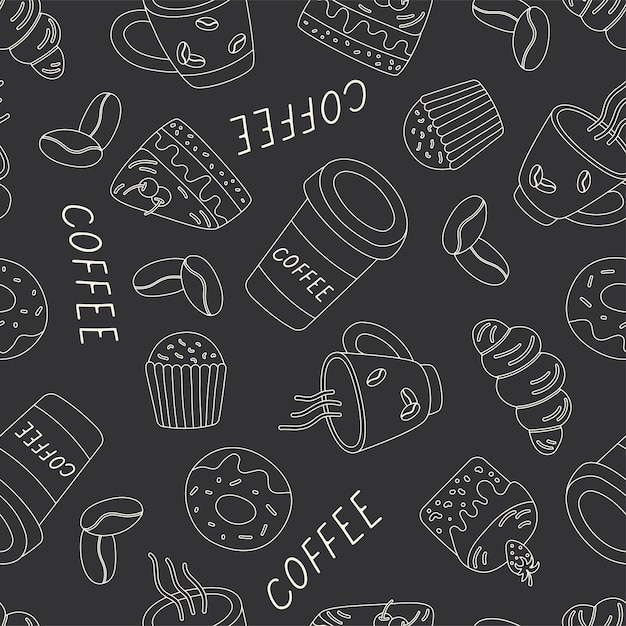 seamless pattern on a gray background with white outline coffee, cupcake, cake, donut vector