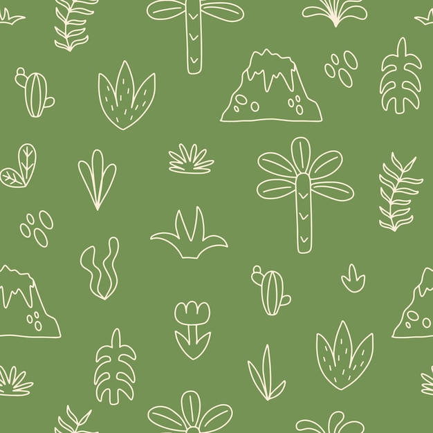 Seamless pattern on a green background in doodle style with elements of african wildlife for the design of children's textiles and nursery