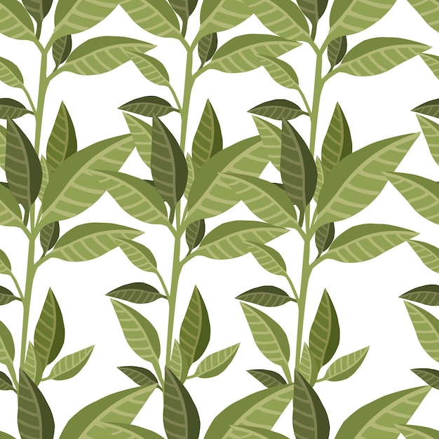 Seamless pattern of green leaves flat vector illustration on white background