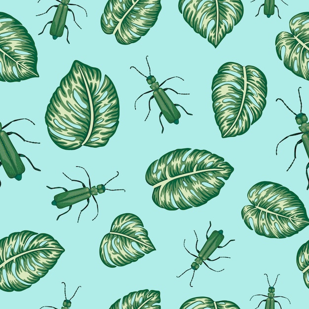 seamless pattern of green monstera leaves with tropic bugs on blue background. Exotic jungle wallpaper