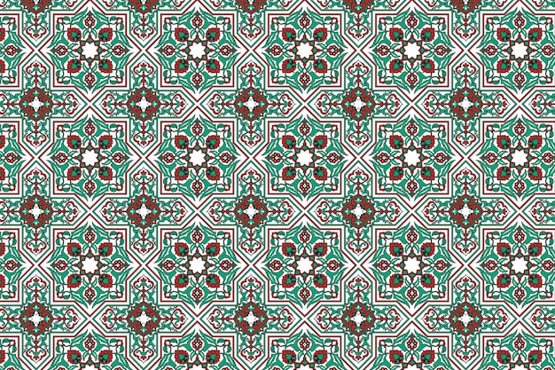 Vector seamless pattern of green and red flowers on a green background