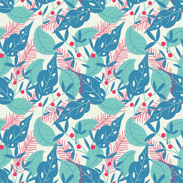 Seamless pattern in green tones with tropical leaves