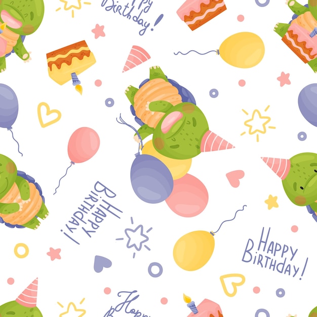 Seamless pattern green turtle in a birthday cap with a piece of cake with a candle and balloons