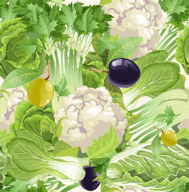 Seamless pattern of green vegetables celery cauliflower olives cabbage