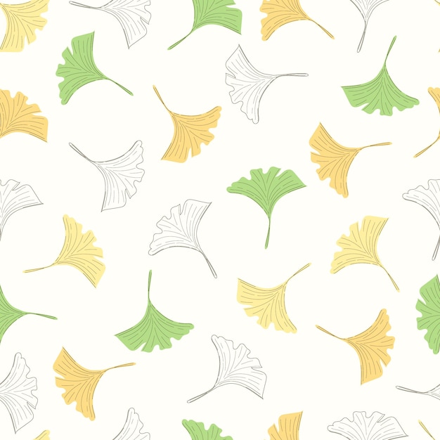 Vector seamless pattern of green and yellow ginkgo biloba leaves. hand drawn illustration