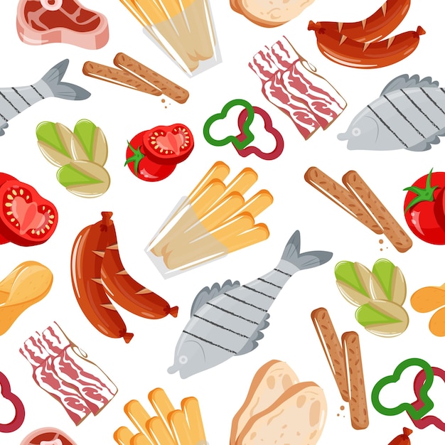 seamless pattern of grilled food and various snacks namely sausages potato chips croutons steak