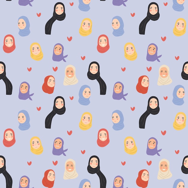 seamless pattern group of hijab girl muslim character crowd people in trendy modest outfit