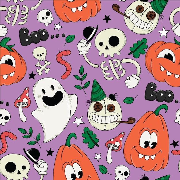 seamless pattern for halloween. cute characters, ghosts, pumpkins, skeletons on a blue background.