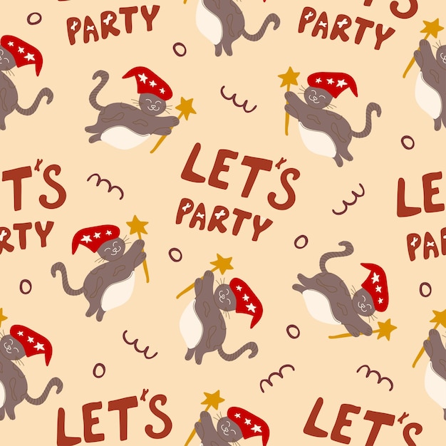 Seamless pattern for Halloween holiday with cute cartoon cat and let's party lettering.